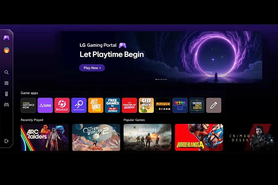 LG 34GX90SB-W UltraGear OLED Gaming Monitor showing LG Gaming Portal interface with Let Playtime Begin headline and game library