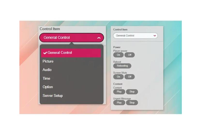 User interface with control settings and options menu.