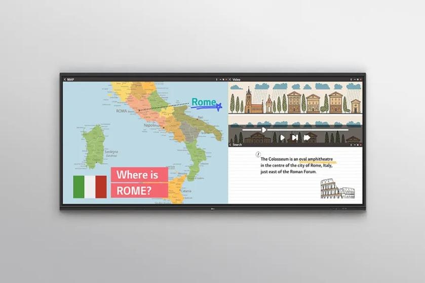 Split screen display showing a map of Italy highlighting Rome and a section with information about the Colosseum.