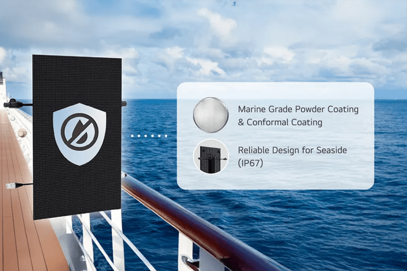 "Electronic device with protective emblem mounted on a ship's railing, with ocean in the background."

Transcribed Text:

"Marine Grade Powder Coating & Conformal Coating
Reliable Design for Seaside (IP67)"
