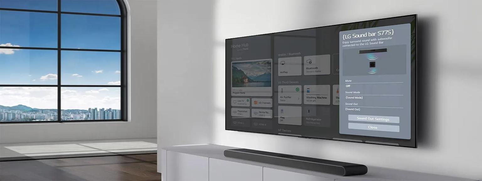 A wall-mounted LG TV displays the settings menu for an LG Soundbar, with the soundbar itself elegantly positioned on a sleek white console below the screen. The LG TV WOW interface showcases options for sound settings and device connections, highlighting the seamless integration for your home entertainment system.