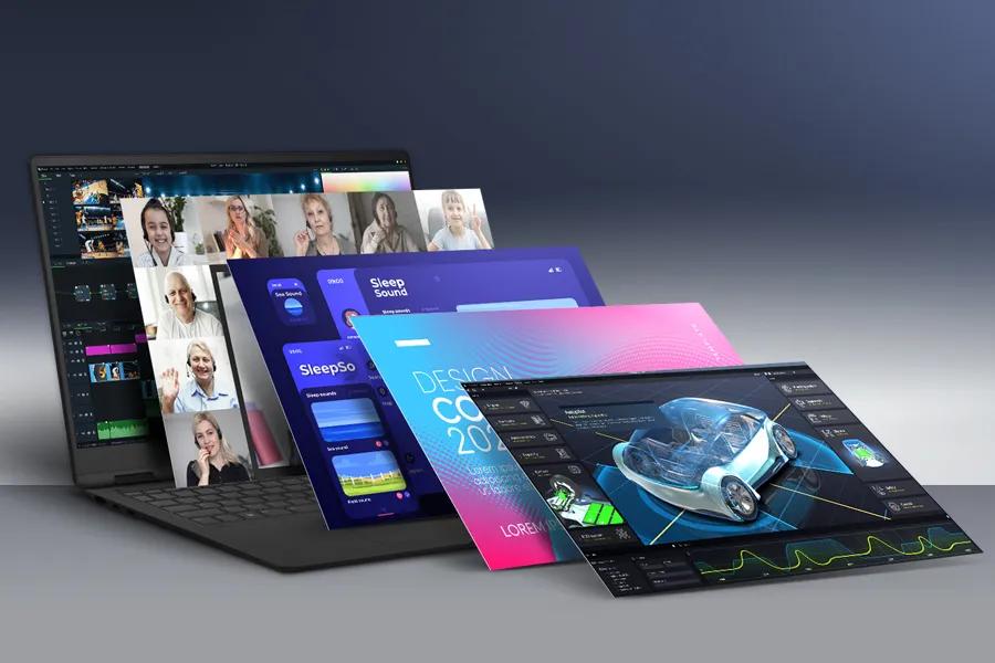 LG Gram 16T95TP-K.AD89U1 laptop displaying multiple creative applications including video conferencing, sleep app, design interface and 3D car modeling software