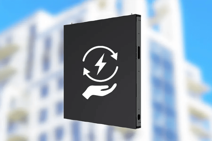 Black panel with an icon of a hand holding a circular arrow and lightning bolt, set against a blurred building background.