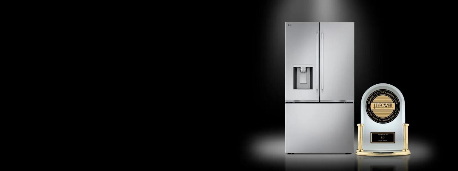 On a black background, an LG refrigerator and a JD Power trophy stand side by side.