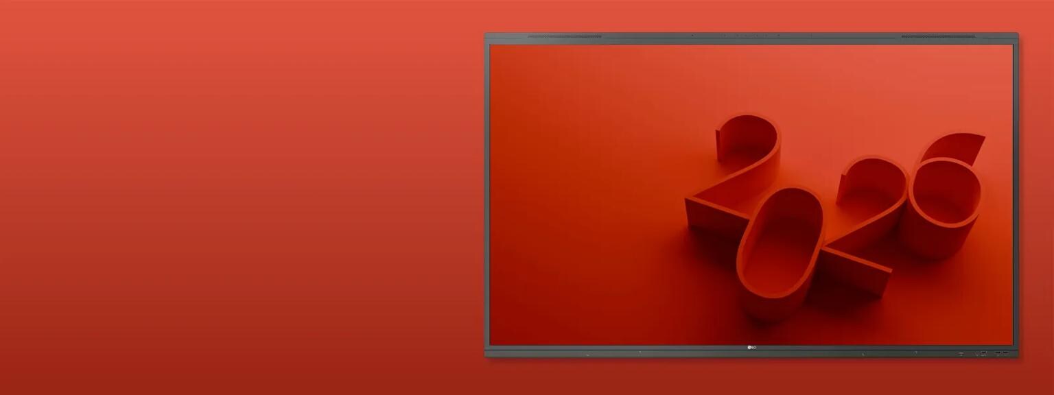 LG CreateBoard on a red background, with the screen displaying sleek red 3d text '2026'