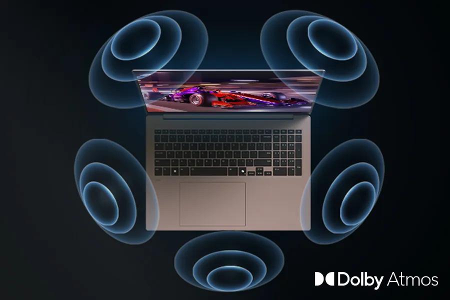 LG Gram 17Z90UB-H.AU76U3 Laptop with Dolby Atmos surround sound visualization showing racing car on screen