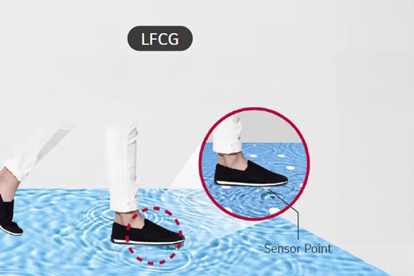Person walking on a water-like surface with a shoe highlighted showing a sensor point.