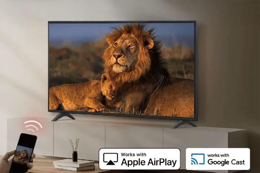 A television displays an image of a lion and lioness, with Apple AirPlay and Google Cast logos below.