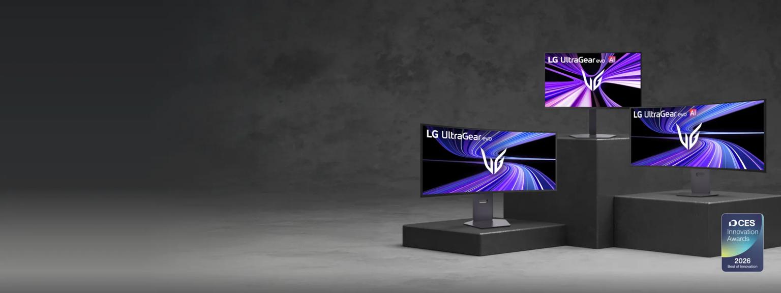 Various UltraGear evo AI monitors appear on smokey grey background. “CES Innovation Awards 2026” badge.