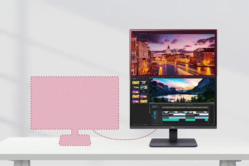 Vertical monitor displaying cityscape, landscape, and editing software next to a pink outlined silhouette of a widescreen monitor.