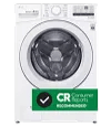 Front view of white front-load washer with Consumer Reports Recommended banner at the bottom right.