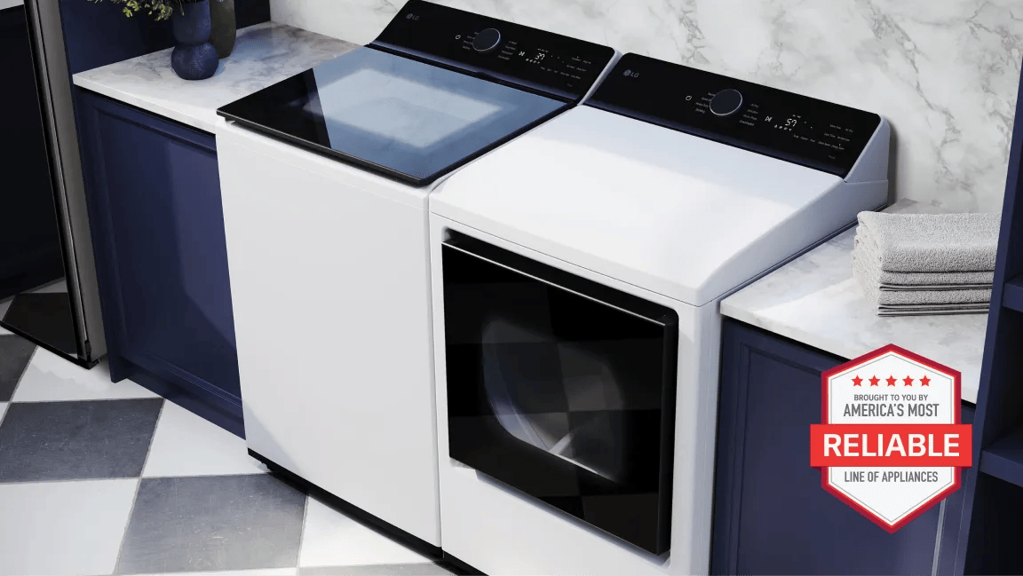 LG top load washer and dryer pair in a laundry room with marble walls and navy cabinetry, with brought to you by America's Most Reliable Line of Appliances badge
