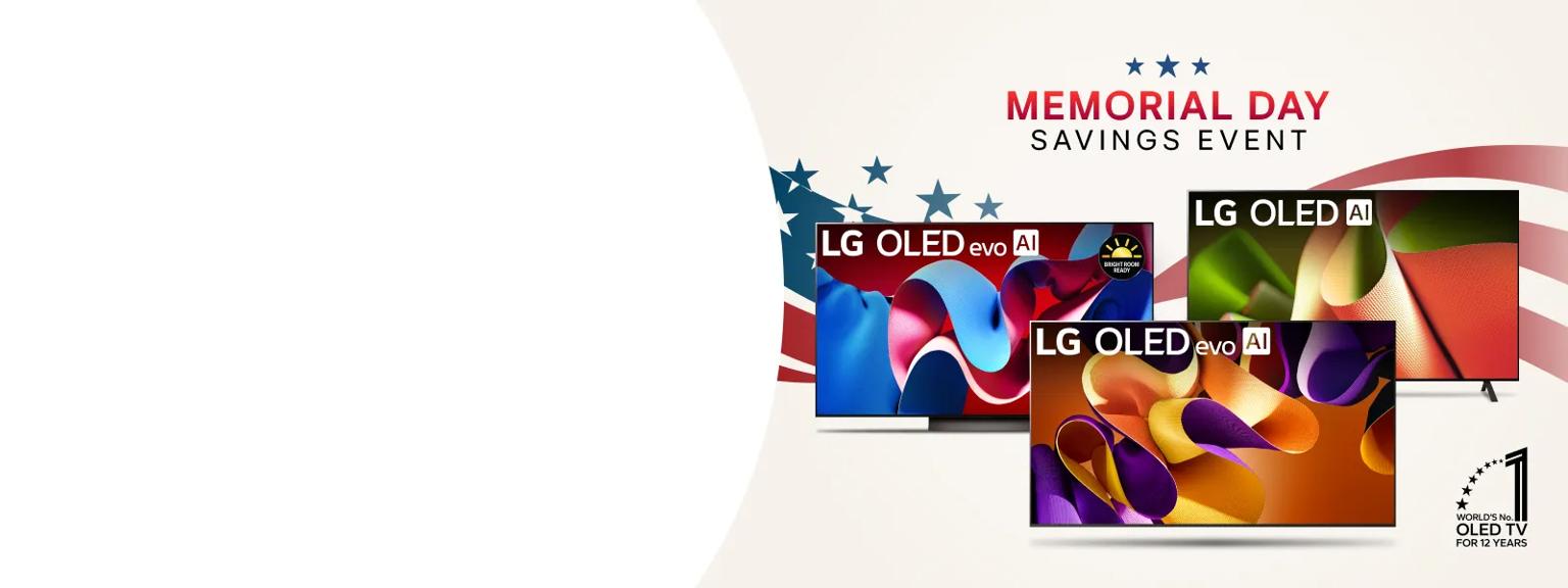 3 TVs appear above a stars and stripes graphic. A “memorial savings event” badge appears above.
