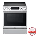 LG smart induction range with knob controls, in stainless steel. Next to it is the LG Reliability Badge that says "Brought to you by America's most reliable line of appliances."