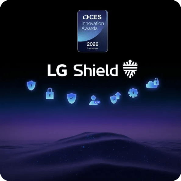 “CES Innovation Awards 2026 Honoree” badge above “LG Shield” text, with glowing security icons like locks, shields, cloud and user symbols on a dark background.