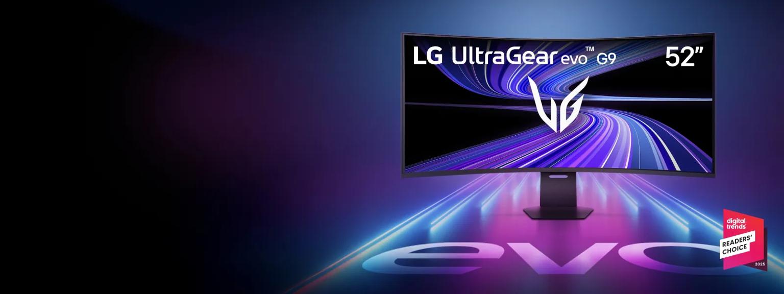UltraGear evo G9 monitor on futuristic background. “Digital Trends Readers’ Choice 2025” badge.