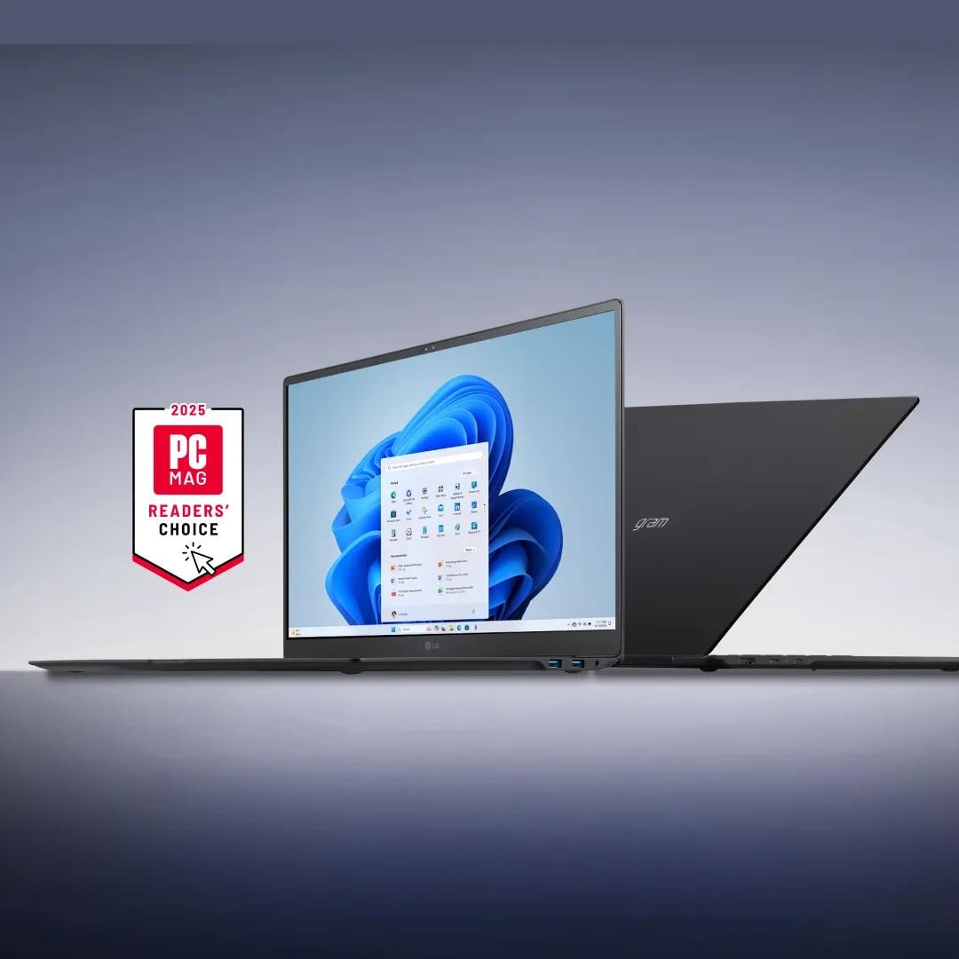 2 LG gram laptops on a chrome background. “2025 PC Mag Readers’ Choice” badge.