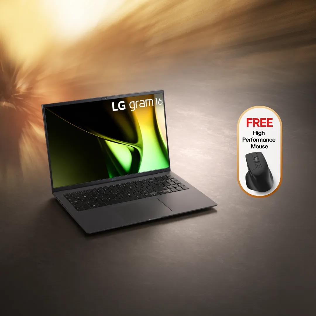 LG gram 16 laptop, open at an angle, displaying a green and black abstract wallpaper with "LG gram 16" on screen, set against a warm golden light-burst background. Beside it, a badge reads "FREE High Performance Mouse" with an image of a black wireless mouse.