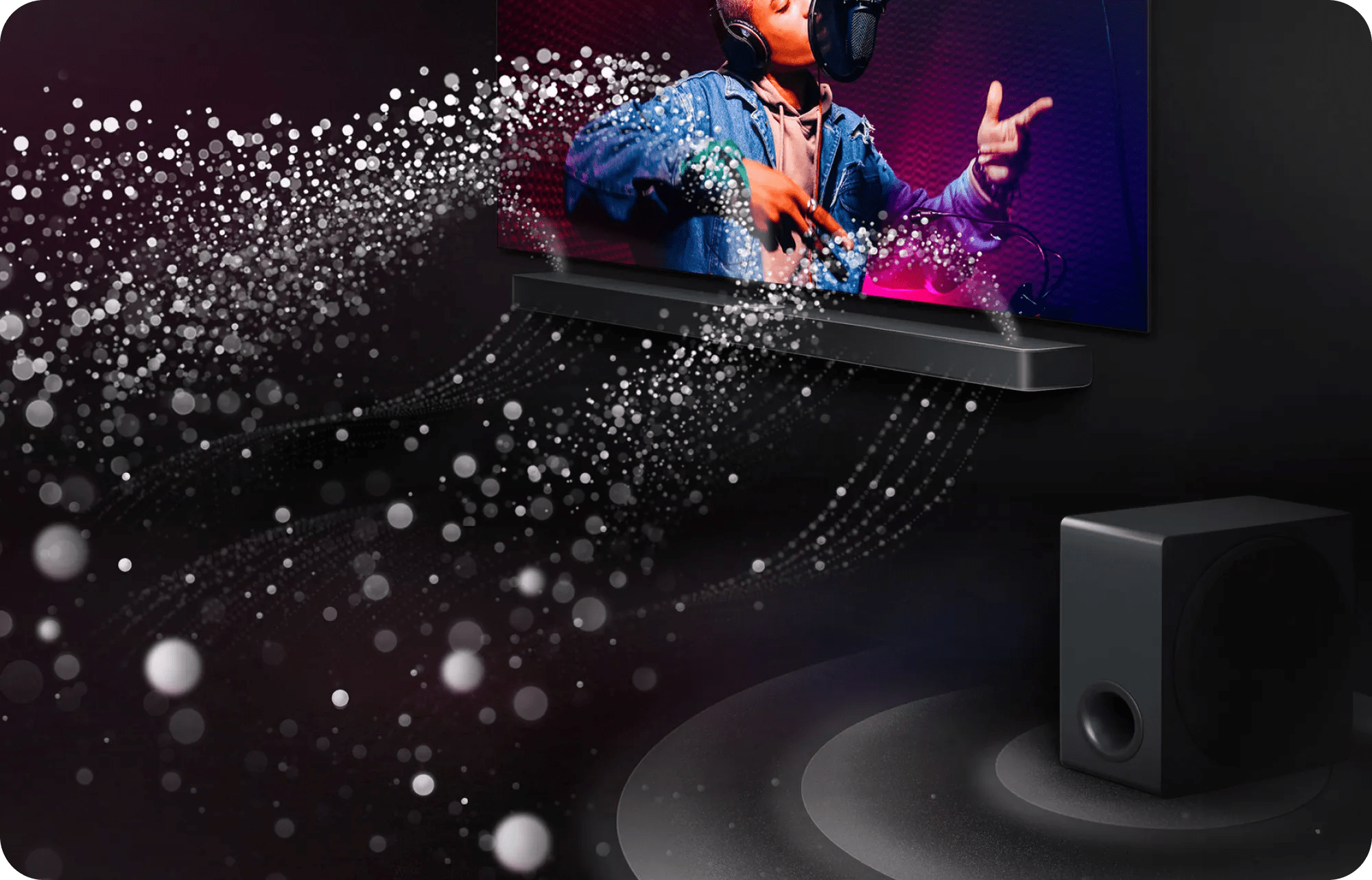 LG TV showing singer performing in colorful lighting with LG Soundbar below. Visualized white dots and wave lines flow from screen and soundbar, and concentric circles demonstrating sound waves emerge from the subwoofer.