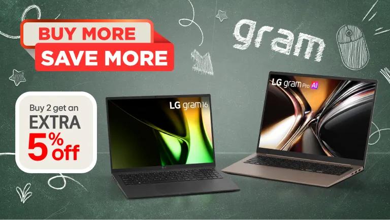 LG gram 16 laptop and LG gram Pro AI laptop on a chalkboard-style background. BUY MORE SAVE MORE. Buy 2 get an EXTRA 5% off.