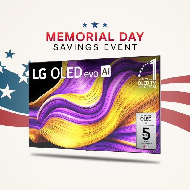 ”Memorial Day Savings Event” title badge. An OLED TV appears with an infill badge reading “World’s No. 1 OLED TV for 12 Years” and another badge for a “Premium OLED G5 5-Year Limited Panel Warranty. A stars and stripes design appears in the background.