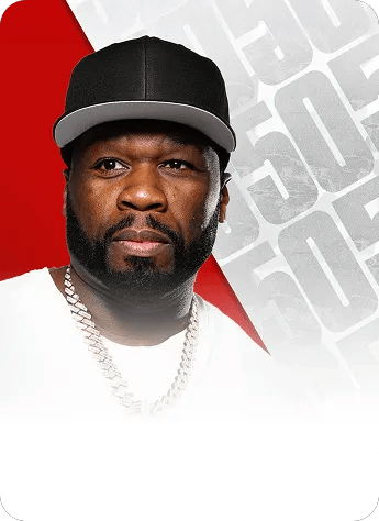 Portrait of rapper 50 Cent wearing a black cap and white shirt against a red and gray graphic background.