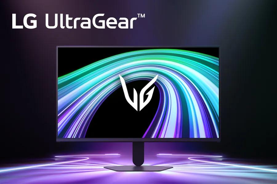 LG 27G521B-B UltraGear Monitor with vivid color display showing vibrant blue and purple light streaks - Front View