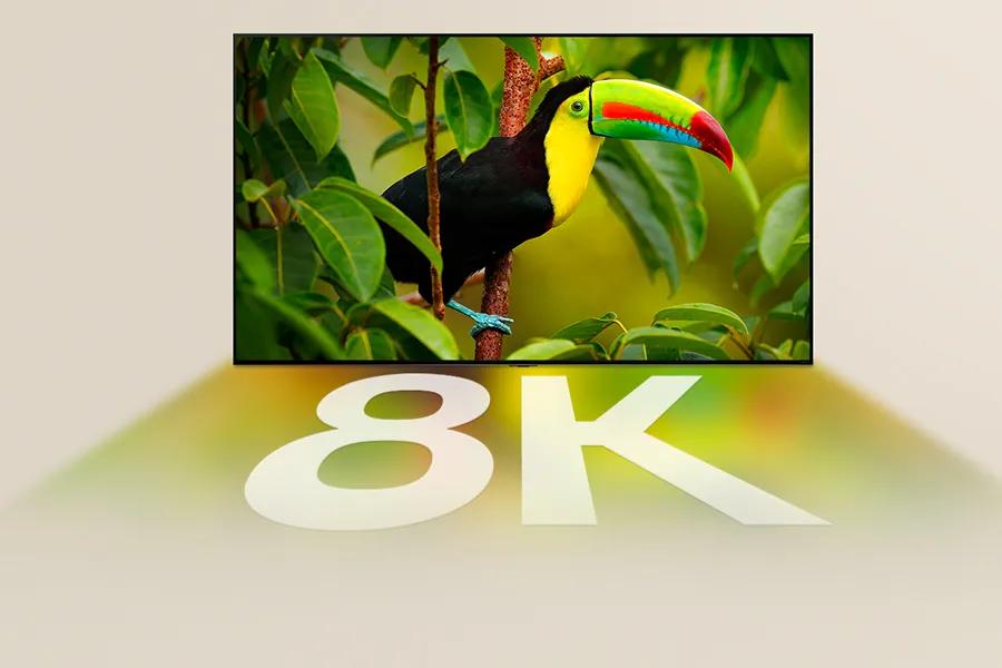 The LG QNED99T screen, featuring a toucan in a tropical setting with 8K written in the colorful relection below the screen.