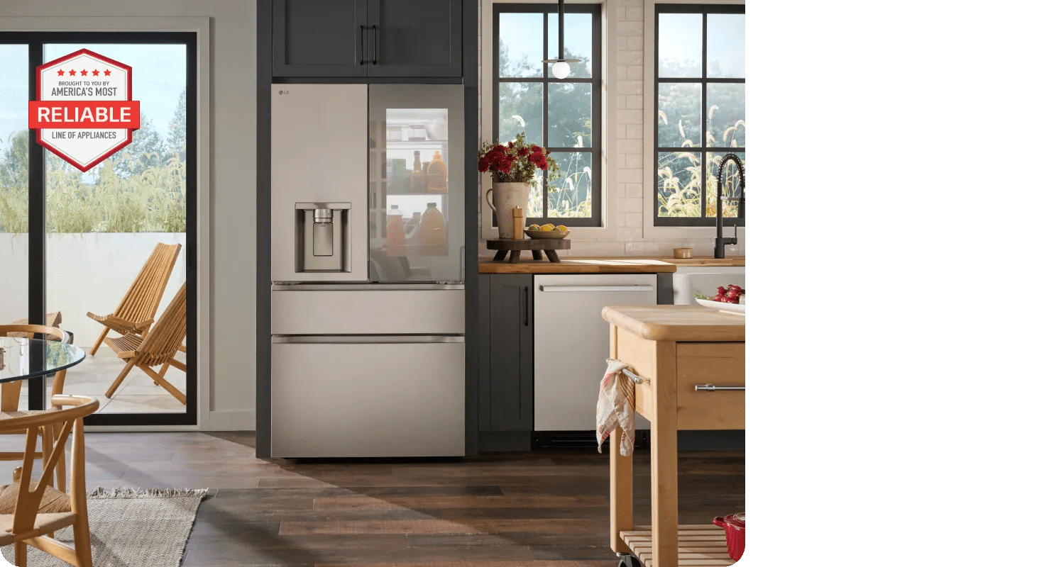 Modern kitchen with LG French door refrigerator, door-in-door window and ice dispenser beside dark cabinets. Badge reads “Brought to you by America's Most Reliable Line of Appliances”.