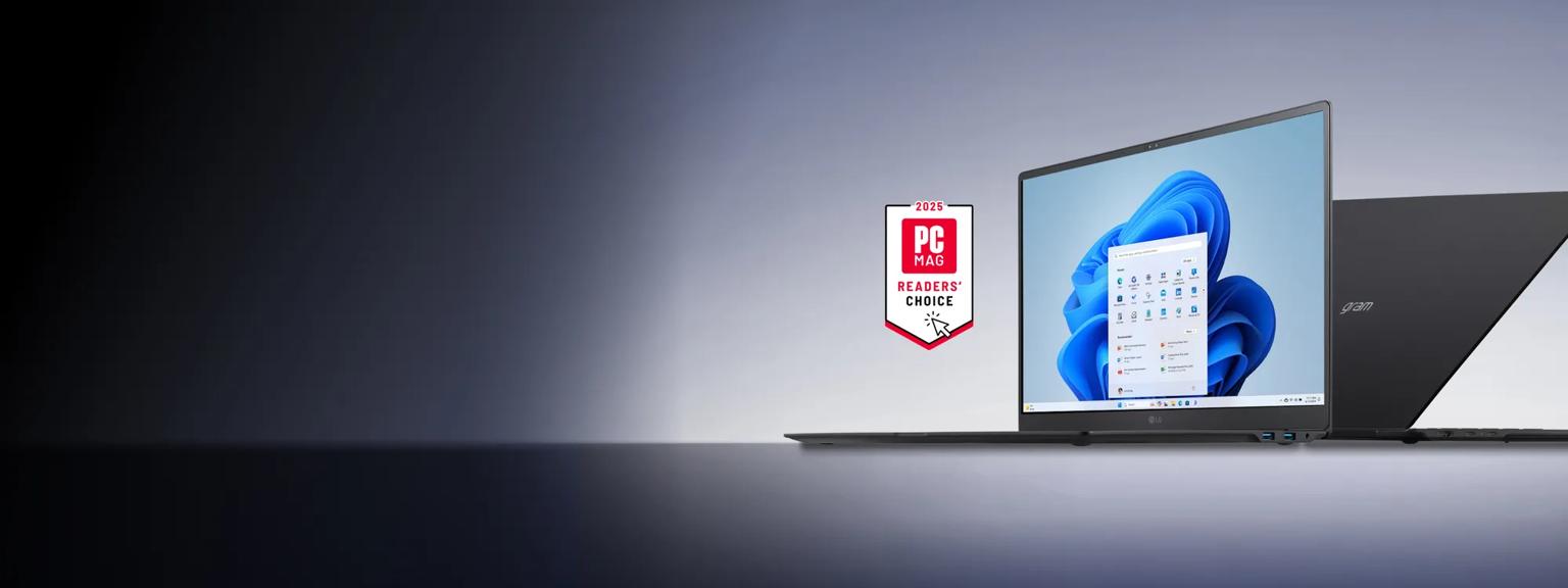 2 LG gram laptops on a chrome background. “2025 PC Mag Readers’ Choice” badge.