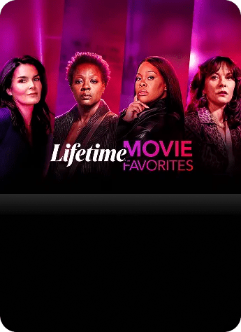Lifetime Movie Favorites title card with Angie Harmon, Viola Davis, Amber Riley and Elizabeth Perkins against a vibrant pink and purple background.
