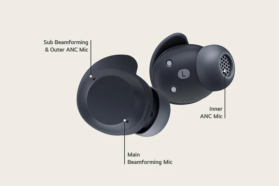 Image of one earbuds showing 3 mics of each earbud contributing to ANC