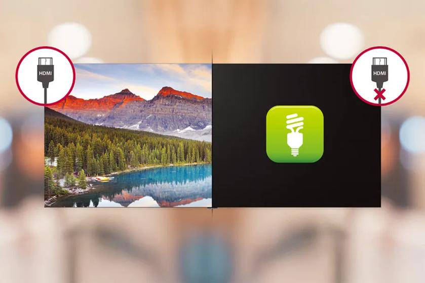 The image is divided into two parts. On the left, a vivid landscape photograph showcases a lush forest bordering a clear turquoise lake, reflecting the surrounding pine trees and distant mountain range with peaks tinged in orange by the sunlight. On the right, a solid black background features a green square icon with a white energy-saving light bulb graphic in the center. Above the left section, a circular red-bordered icon displays an HDMI plug, indicating connectivity. The right section shows a similar icon with an "X," suggesting disconnection.