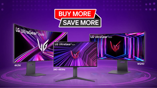Promotional banner showcasing three LG UltraGear OLED gaming monitors with vibrant neon designs, offering extra discounts of 5% off when buying 2 and 10% off when buying 3 or more.