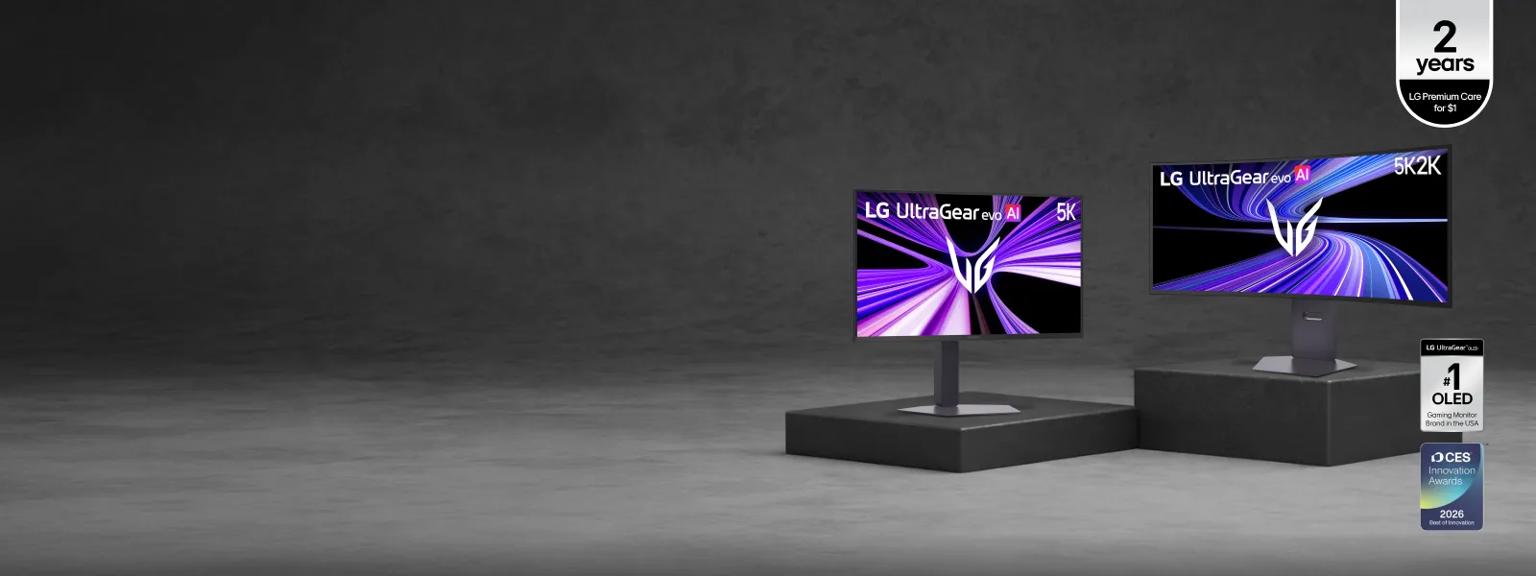 "2 years LG Premium Care for $1” text. Various UltraGear evo AI monitors appear on smokey grey background. “#1 OLED Gaming Monitor in the USA” and “CES Innovation Awards 2026” badges.
