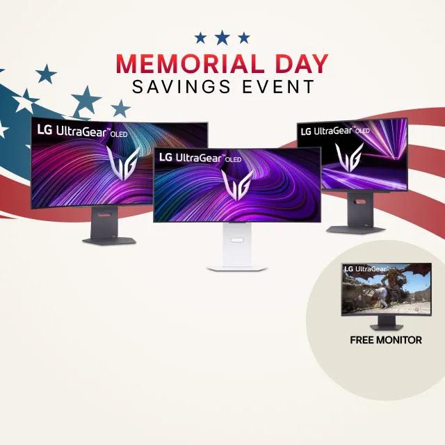 “Memorial Day Savings Event” title badge. A group of UltraGear OLED monitors appears before a stars and stripes background graphic. Below, a pop-out image of an UltraGear QHD monitor appears, along with text reading “FREE Monitor”.
