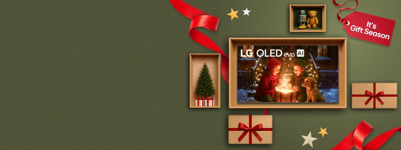 “It’s gift season” badge. Opened and unopened gift boxes appear in a cluster. Center box displays LG OLED TV.