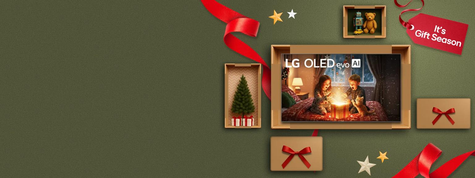 “It’s gift season” badge. Opened and unopened gift boxes appear in a cluster. Center box displays LG OLED TV.
