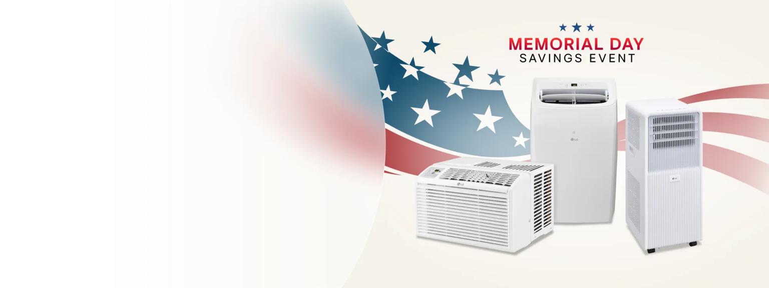 Various LG Air Conditioners on a stars and stripes background. “Memorial Day Savings Event” title badge. 