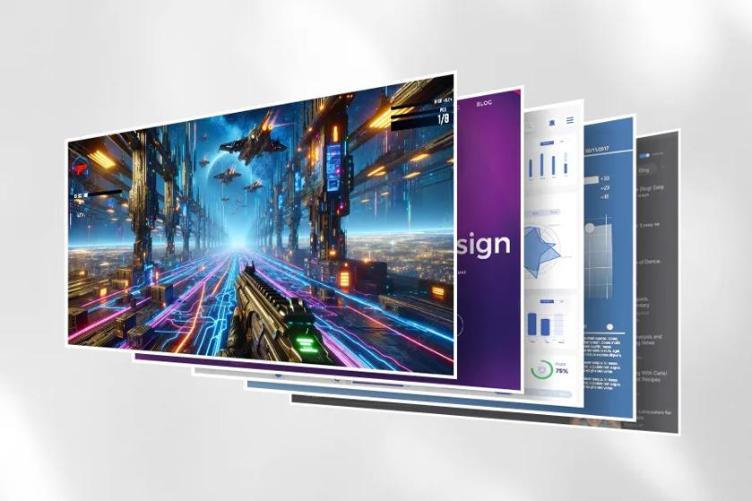 Stack of overlapping digital screens, front screen showing a sci-fi video game scene.