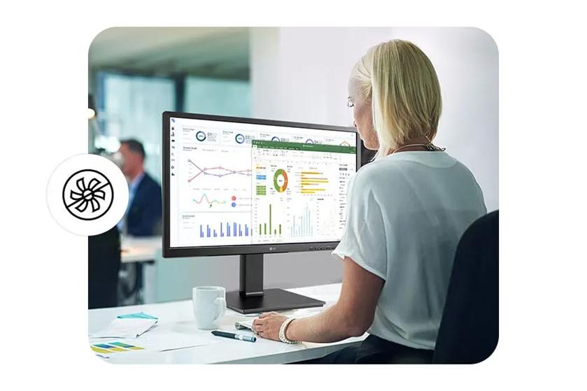 An office worker using an LG all-in-one cloud thin client, with a circular icon of a fan with a bar through it.