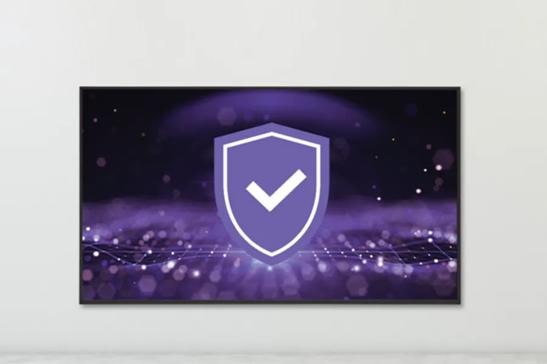 Purple shield with a white checkmark on a futuristic digital background.