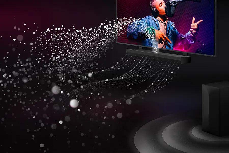 Sound bubbles coming from the Soundbar and spreading across the room