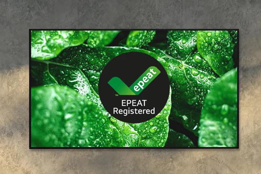 A digital screen showing green leaves with droplets and an "EPEAT Registered" logo in the center.