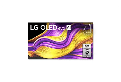 A front-facing image of an LG OLED97G5WUA TV with purple and yellow ribbons on the screen. It has the “World’s #1 OLED TV for 12 Years” and '5-year warranty' badge.