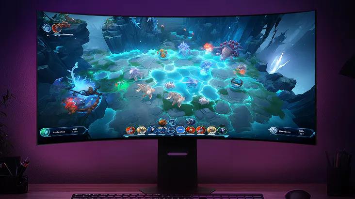 A curved LG UltraGear monitor displays a vibrant strategy game scene with glowing hexagonal tiles and fantasy creatures in battle, set against a purple-lit gaming desk.