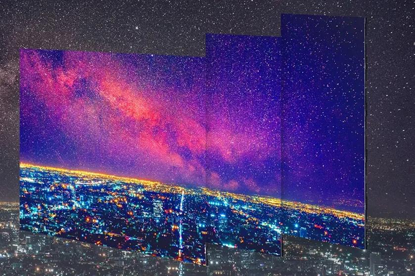 A vibrant cityscape with multicolored lights overlaid with a starry night sky and Milky Way panels.