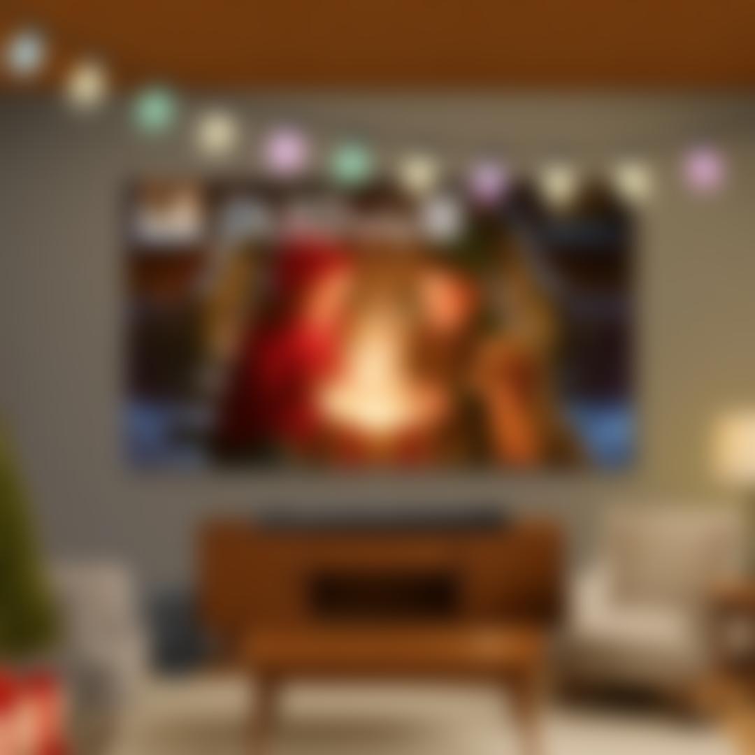 An LG OLED evo AI TV with a holiday scene on the screen is mounted to the wall of a modern living room decorated for the holidays.