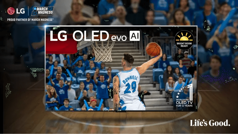 LG and March Madness logo with image of LG OLED TV showing a basketball game