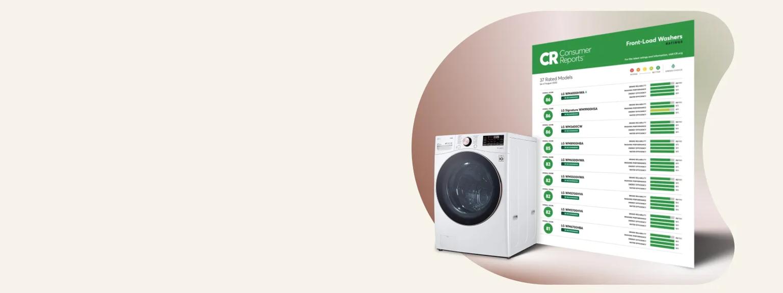 An LG front load washing machine stands next to a large Consumer Reports ratings sheet.